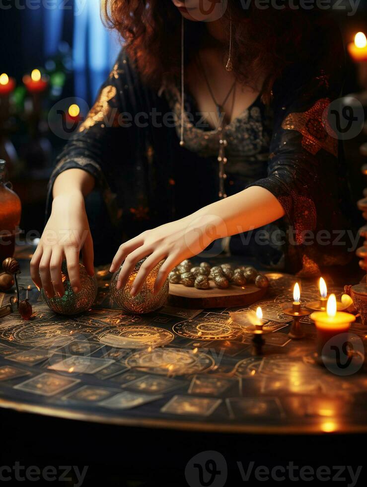 ein Vermögen Erzähler liest Tarot Karten. auf das Tabelle sind Kerzen und Wahrsagen Objekte und Funken. das Konzept von Divination, Astrologie und Esoterik foto