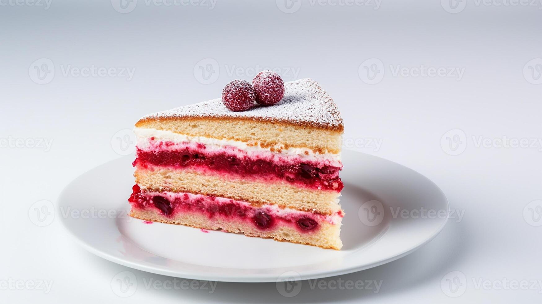 Foto von Scheibe von Genoise Kuchen auf Weiß Platte. generativ ai