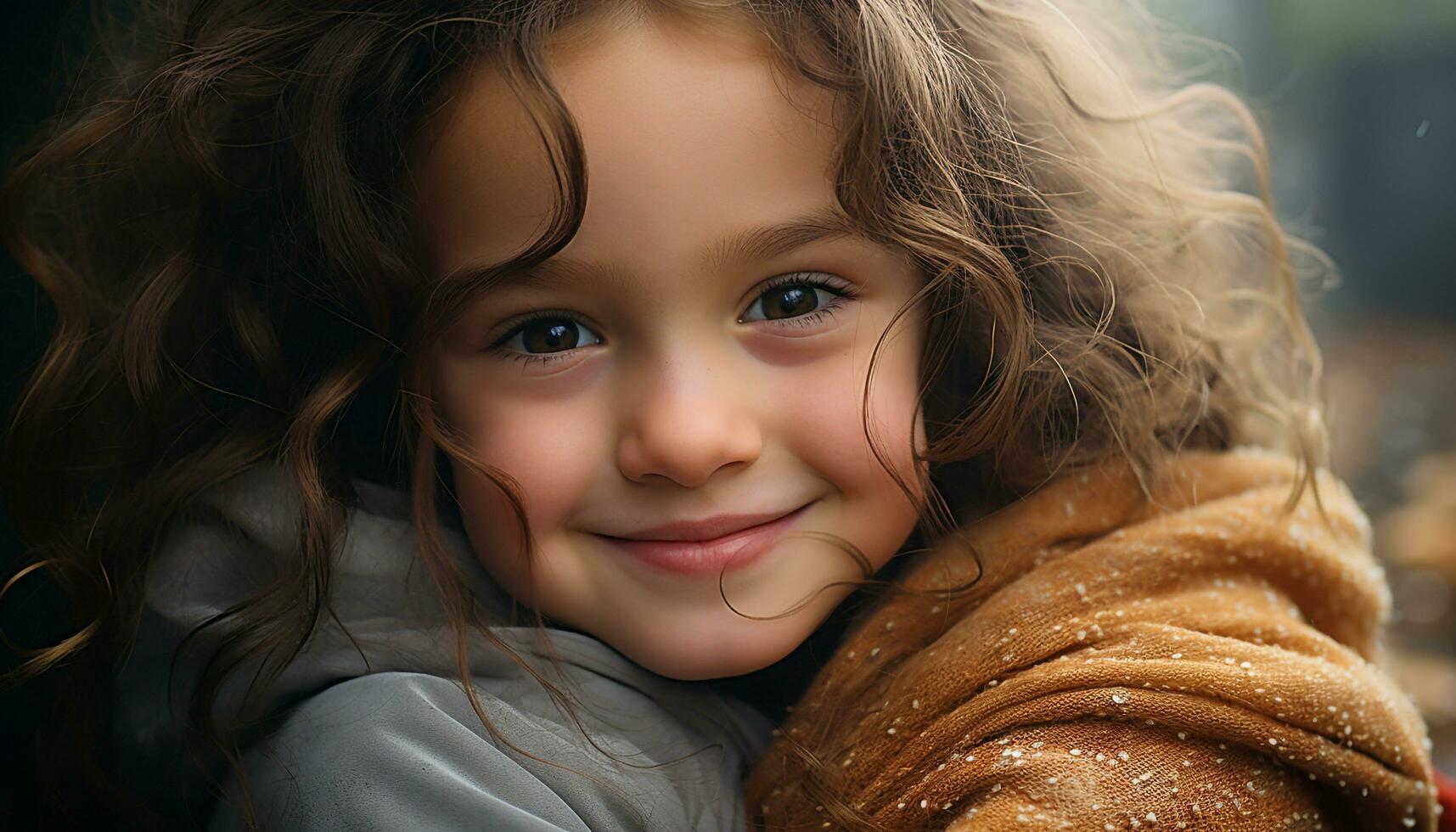 lächelnd Kind, süß Porträt, heiter Glück, kaukasisch Mädchen draußen generiert durch ai foto
