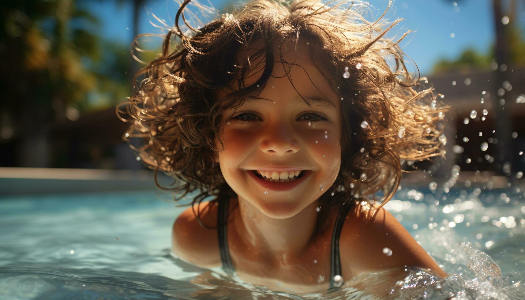 lächelnd Kind genießt Sommer- Spaß im das Schwimmen Schwimmbad draußen generiert durch ai foto