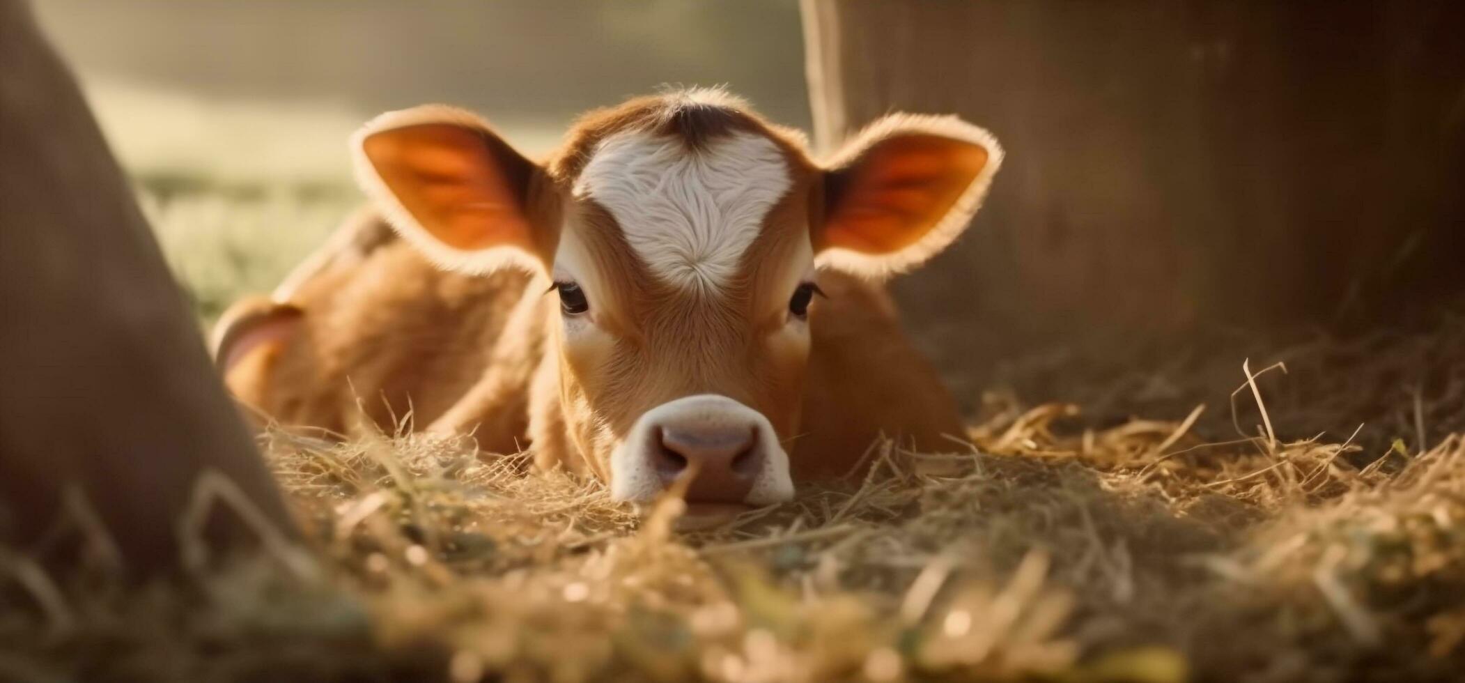süß Kuh Weiden lassen auf Grün Wiese, suchen beim Kamera generiert durch ai foto