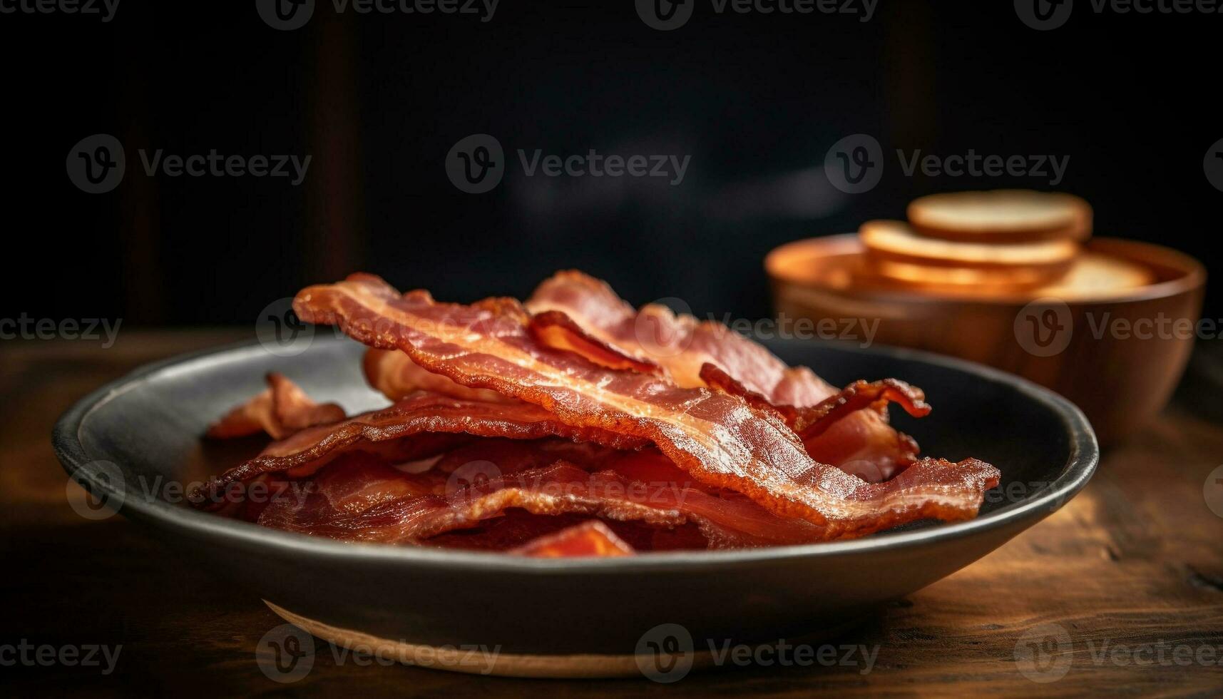 schließen oben von geräuchert Schweinefleisch Speck auf rustikal Holz Tabelle zum Mittagessen generiert durch ai foto