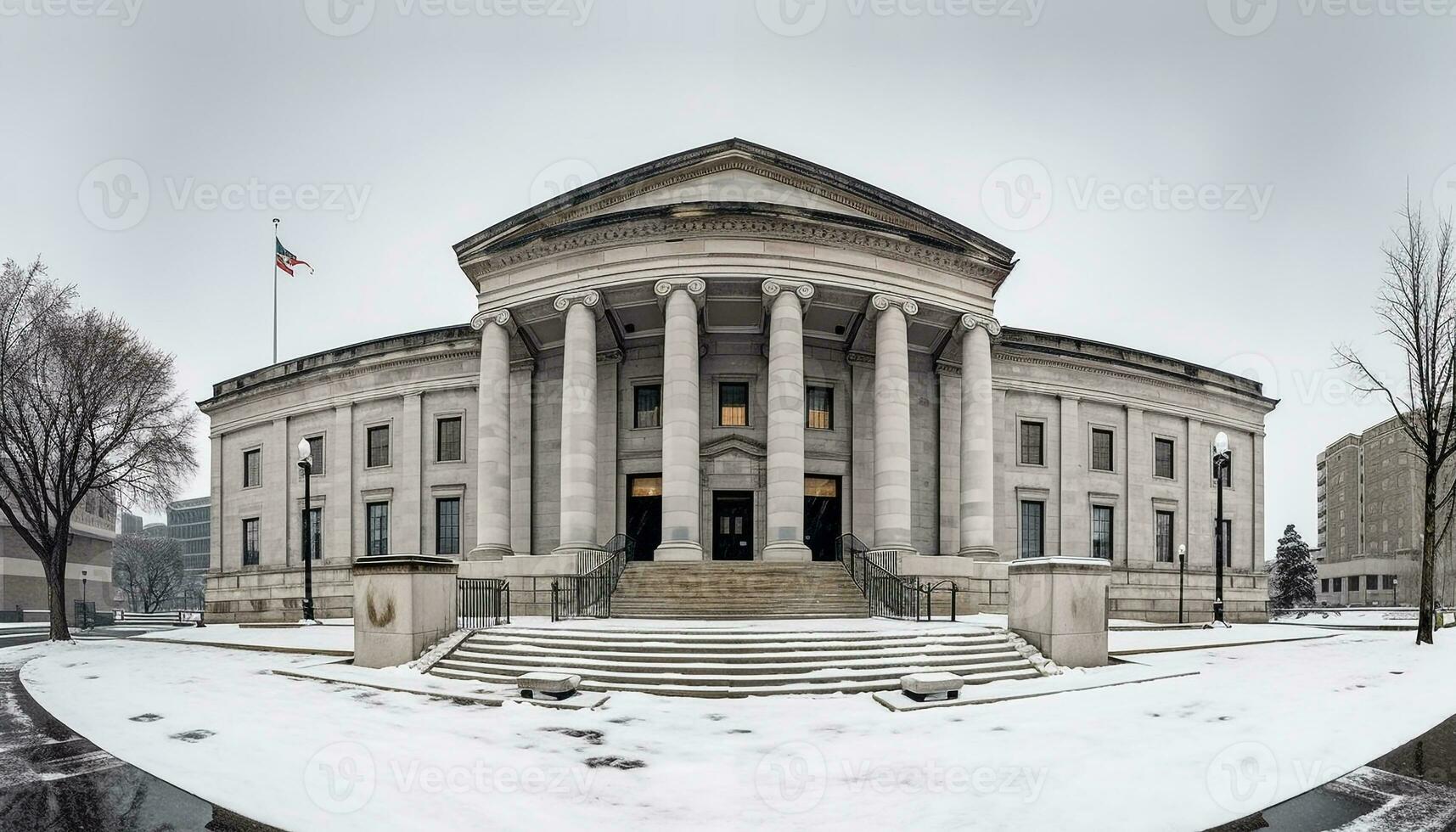 berühmt Winter Hauptstadt, Schnee bedeckt Neo klassisch Monument, symbolisieren Geschichte und Politik generiert durch ai foto