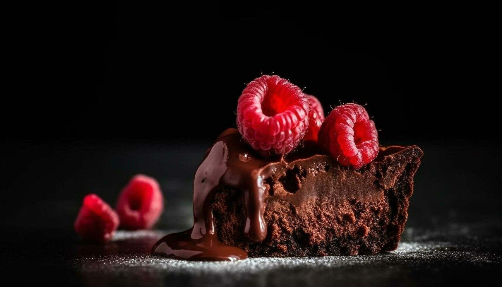 Gourmet Dessert dunkel Schokolade Himbeere Brownie auf ein hölzern Teller generiert durch ai foto