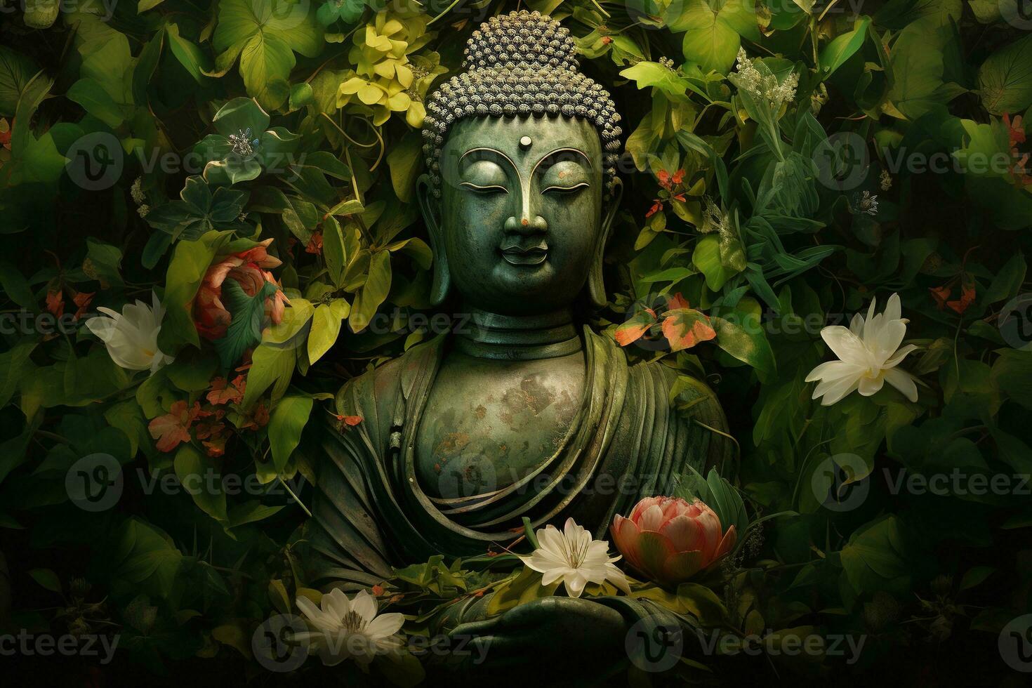 Buddha Statue mit Lotus Blume und Grün Blätter Hintergrund ai generiert foto