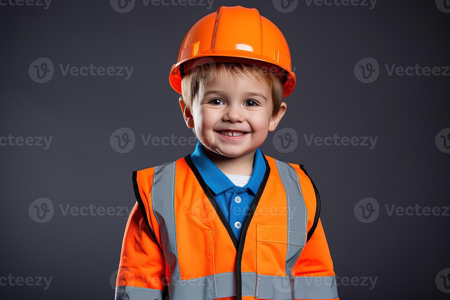 Porträt von ein süß wenig Junge im ein Konstruktion Helm ai generiert foto