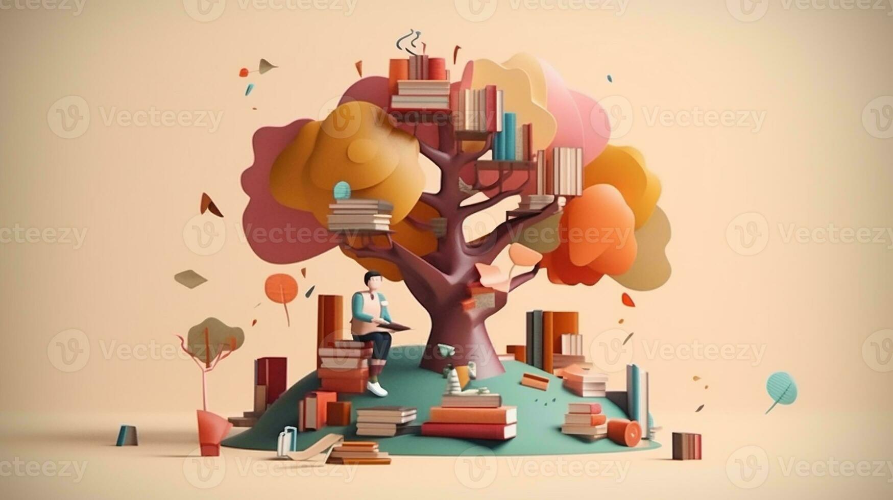 3d Illustration von Bildung Konzept, Stapel von Bücher mit Ausruf markieren. generativ ai foto