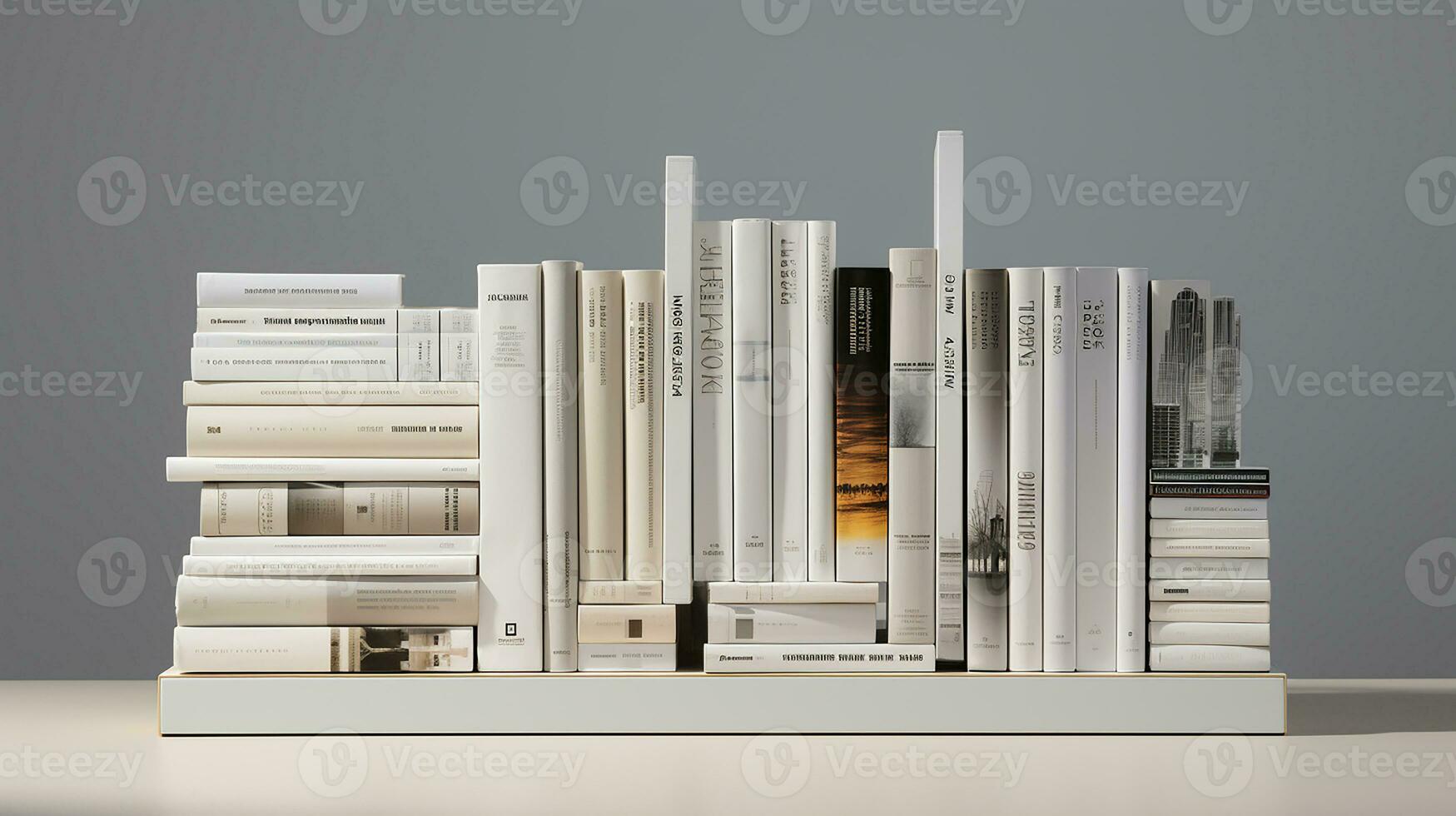 3d Rendern von ein Buch Regal mit Bücher im Vorderseite von grau Hintergrund. generativ ai foto