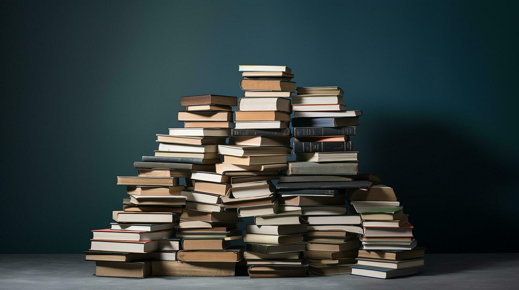 Stapel von Bücher auf dunkel Mauer Hintergrund. zurück zu Schule Konzept. generativ ai foto