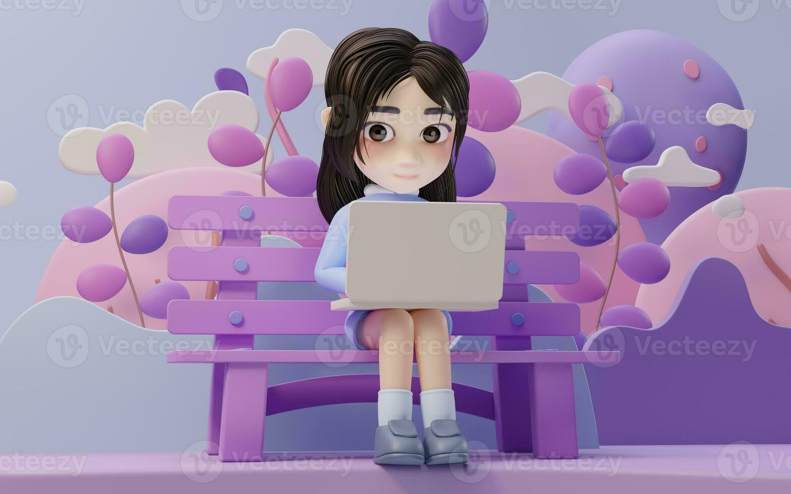 wenig Mädchen Arbeiten mit Laptop mit Karikatur Stil, 3d Wiedergabe. foto