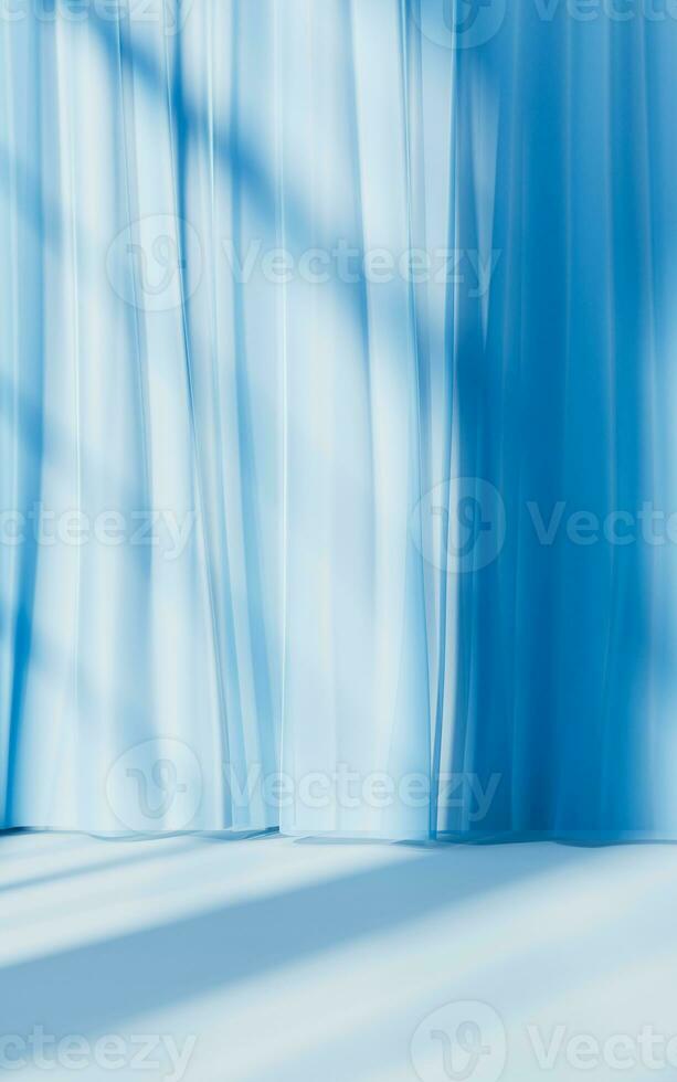 Blau Vorhang mit Sonnenlicht kommt In, 3d Wiedergabe. foto