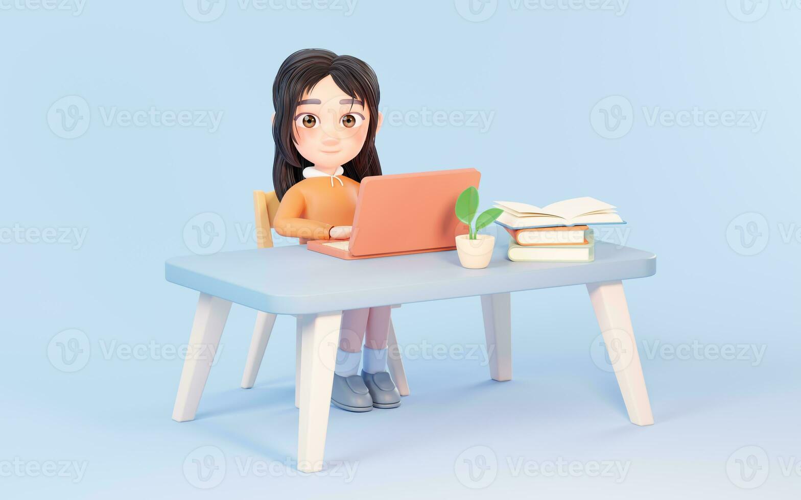das Mädchen funktioniert mit Computer beim Schreibtisch, 3d Wiedergabe. foto