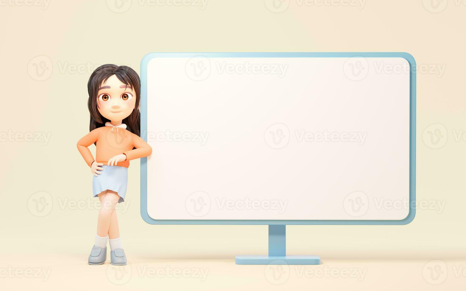 das Karikatur Mädchen und Computer Monitor, 3d Wiedergabe. foto