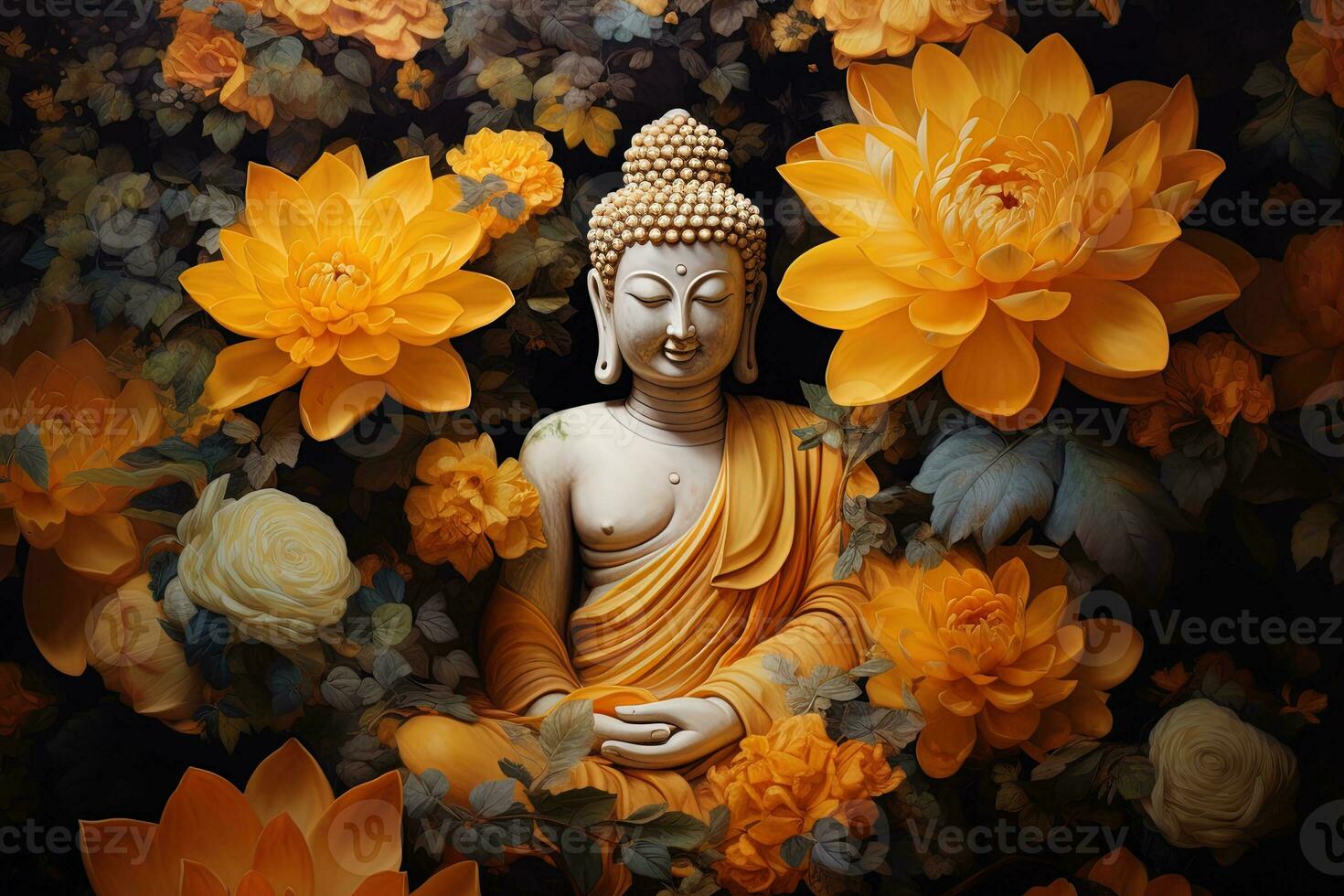 Buddha Statue umgeben durch Gelb Blumen ai generiert foto