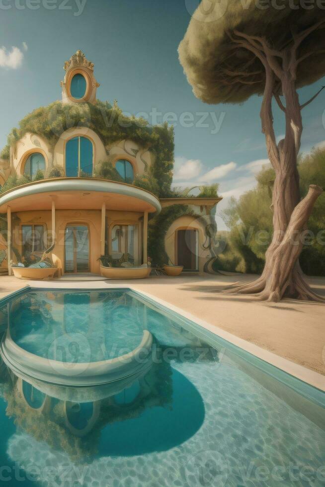 Haus mit schwimmen Schwimmbad Illustration, generativ ai foto