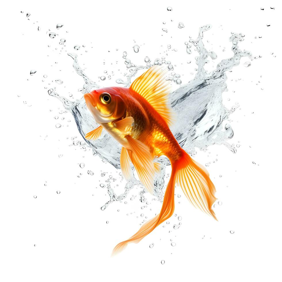 Gold Fisch im Wasser Spritzen auf Weiß Hintergrund. ai generisch foto