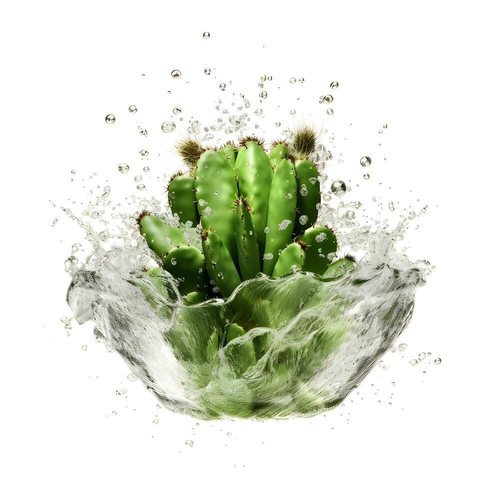 Kaktus im Wasser Spritzen isoliert auf Weiß Hintergrund. ai generisch foto