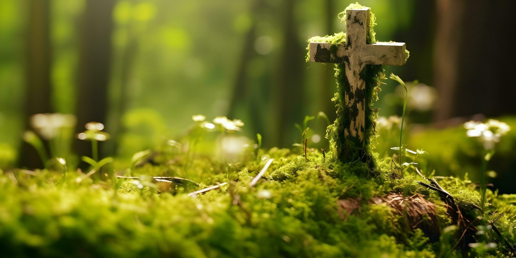 hölzern Kreuz auf Moos. Kreuz auf Gras im Sonnenaufgang zum Kirche Hintergrund. generativ ai foto