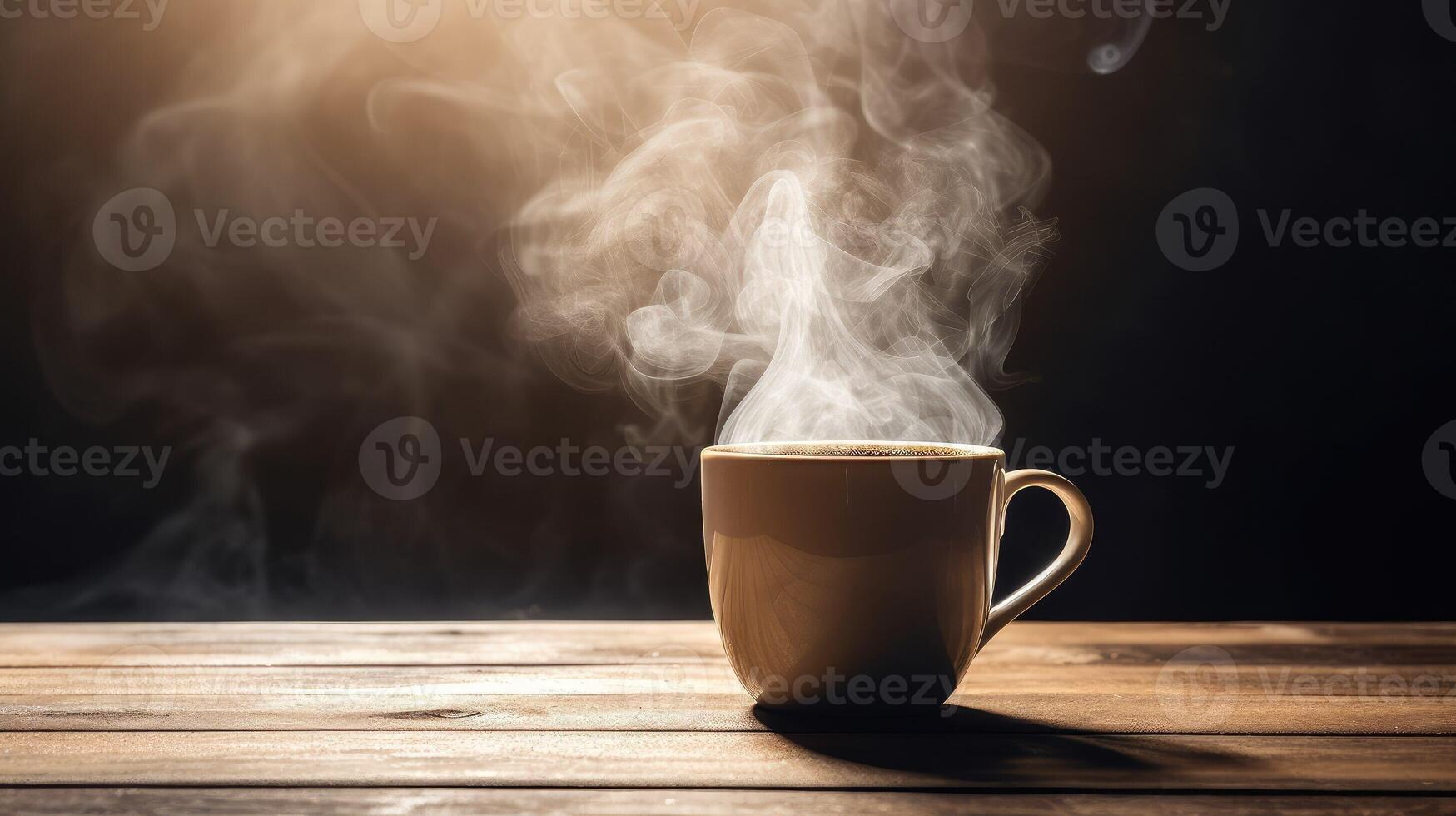 heiß Kaffee Tasse auf hölzern Tabelle mit Rauch Kommen aus ai generativ foto