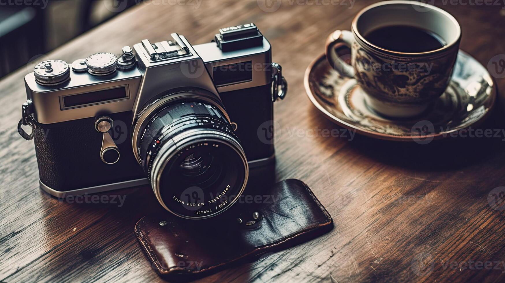 Kamera und ein Tasse von Kaffee auf das Tabelle ai generativ foto