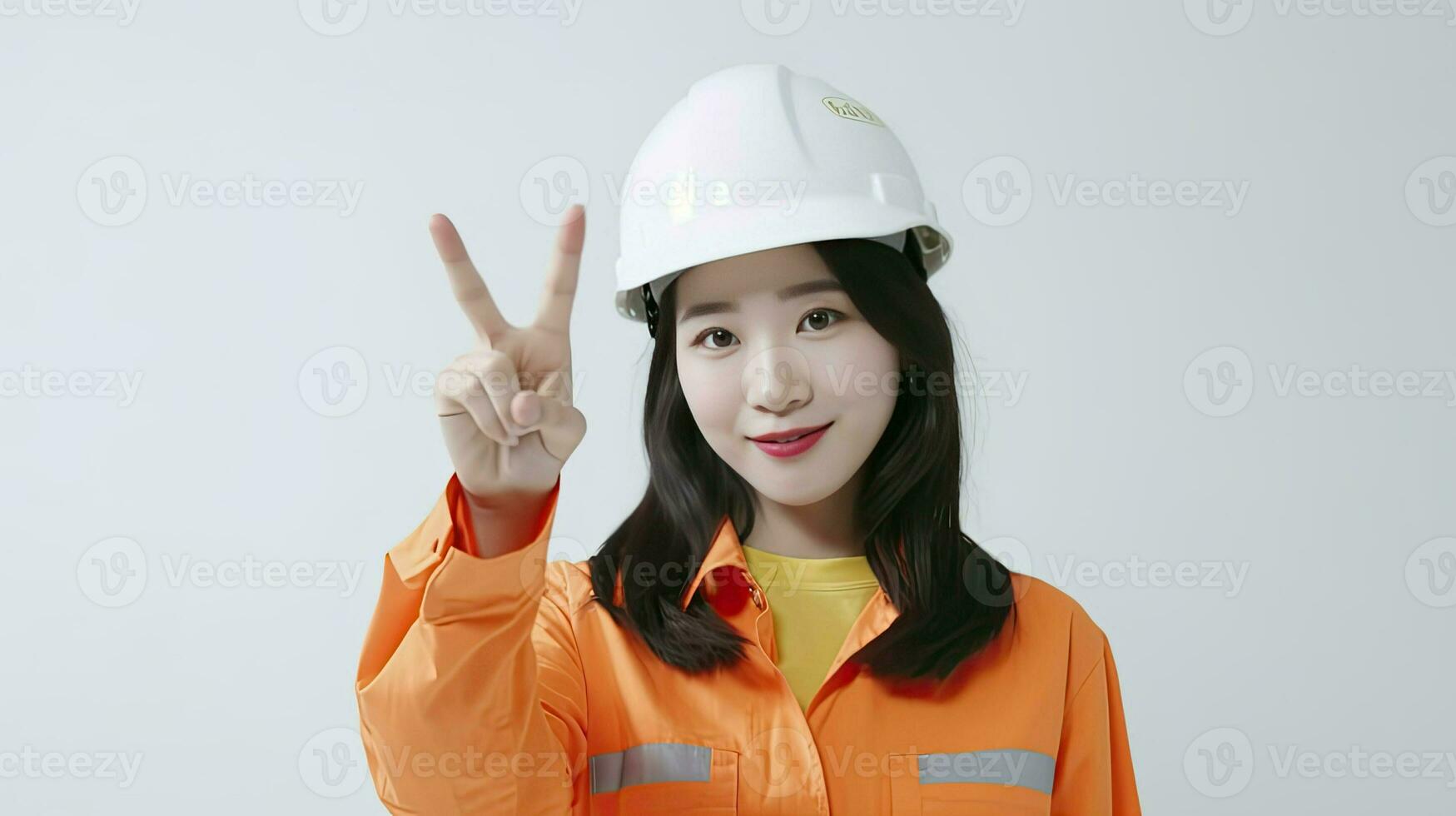 schön asiatisch jung Frau tragen Architekt Helm mit ein Idee oder Frage zeigen Finger mit glücklich Gesicht ai generativ foto