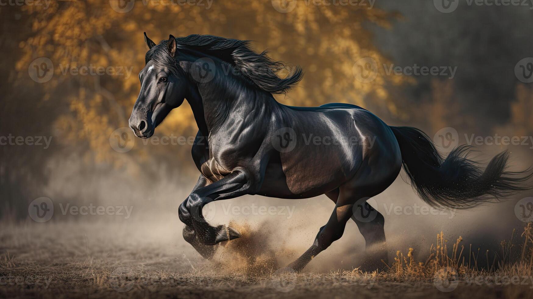 das galant schwarz Pferd ist Laufen ai generativ foto