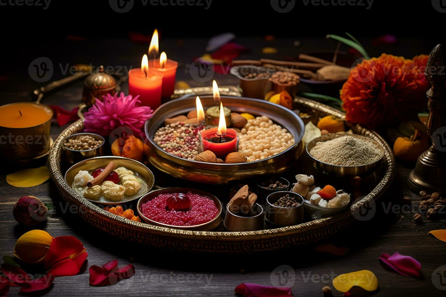 schön dekoriert pooja Thali zum Diwali Anbetung Feier, haben indisch Süßigkeiten, Lampe, Blume. ai generativ foto