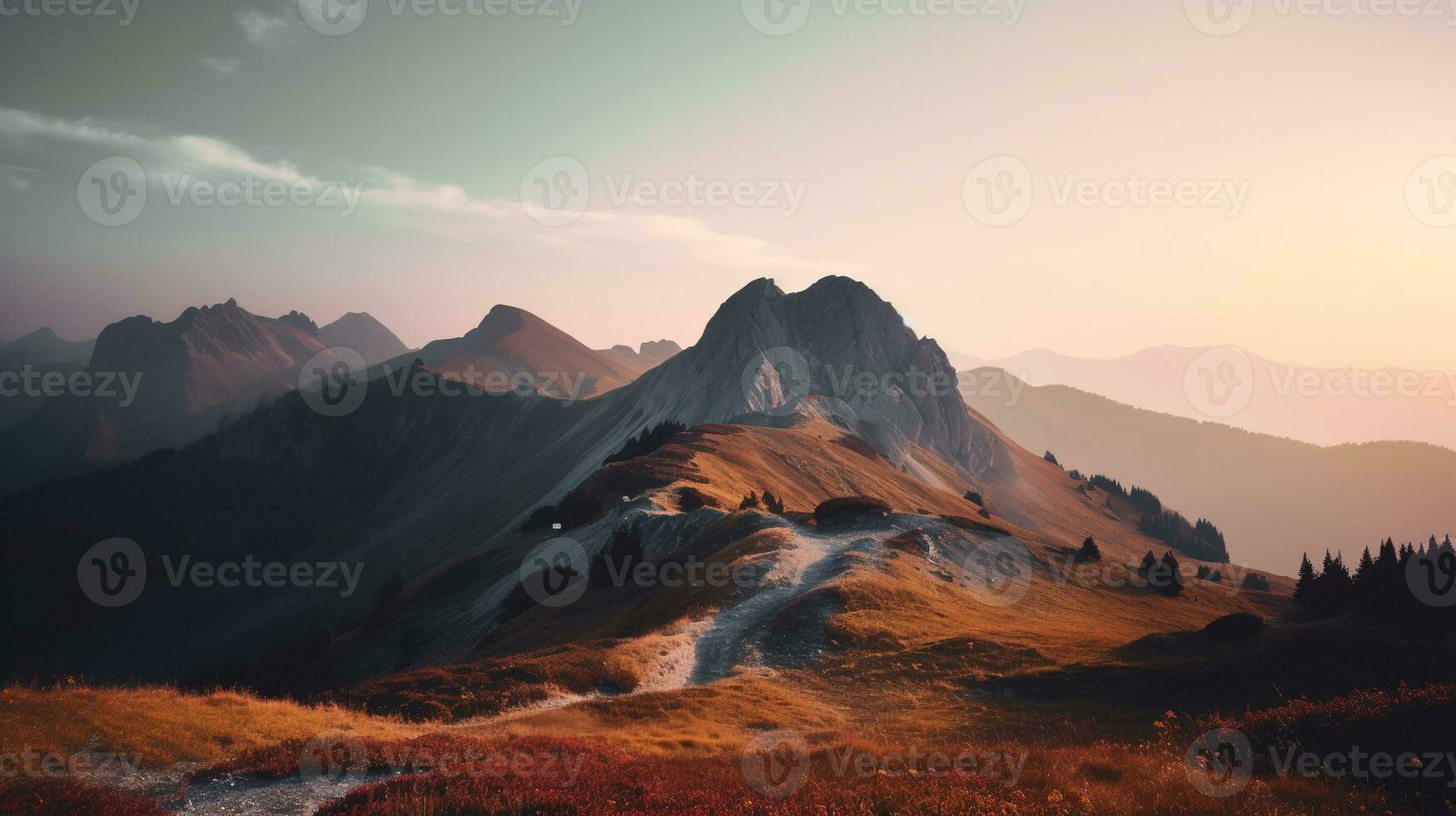 schön Berg Landschaft mit dramatisch Himmel beim Sonnenuntergang. ai generativ foto