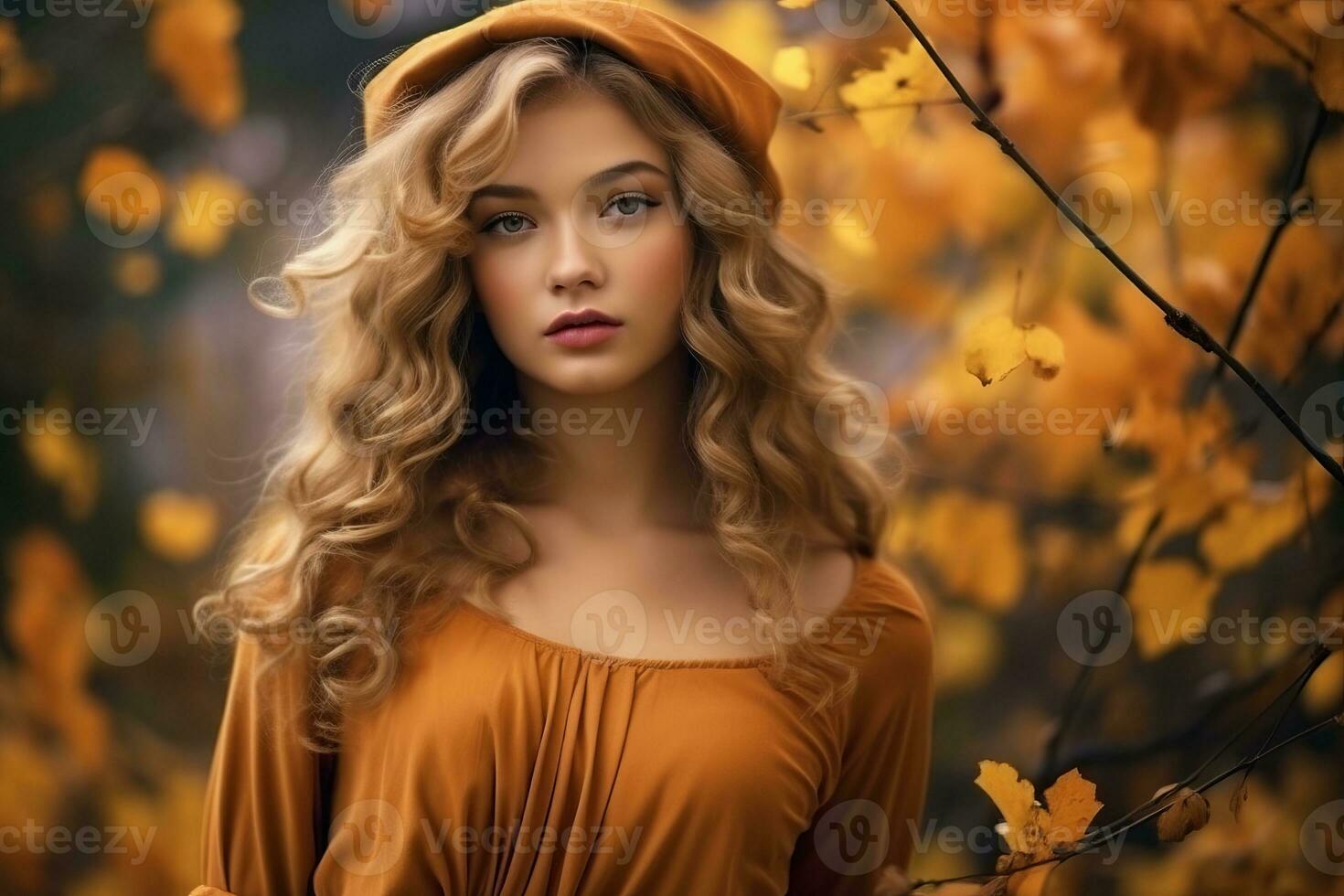 schön blond Frau im Orange Kleid und Hut im Herbst Wald generativ ai foto