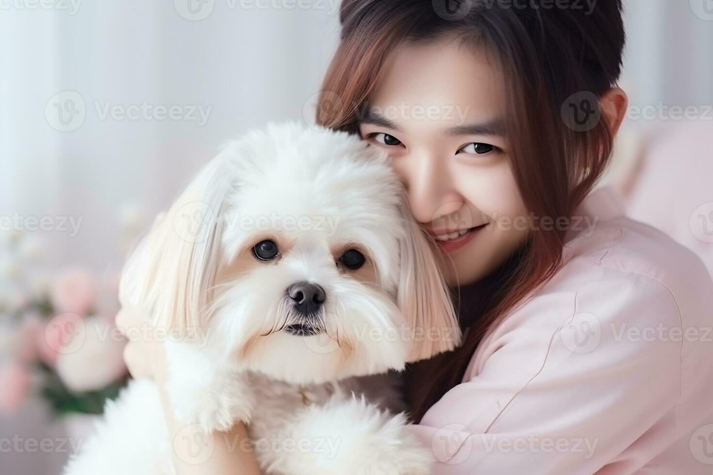 Porträt von Menschen umarmen shih tzu Hund Haustier Konzept foto