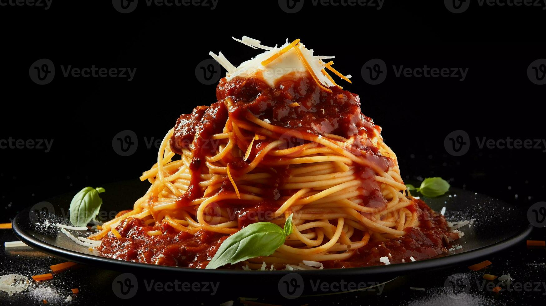 appetitlich Spaghetti Italienisch Essen zusammengesetzt mit rot Soße, gekrönt mit Ketchup und Käse foto