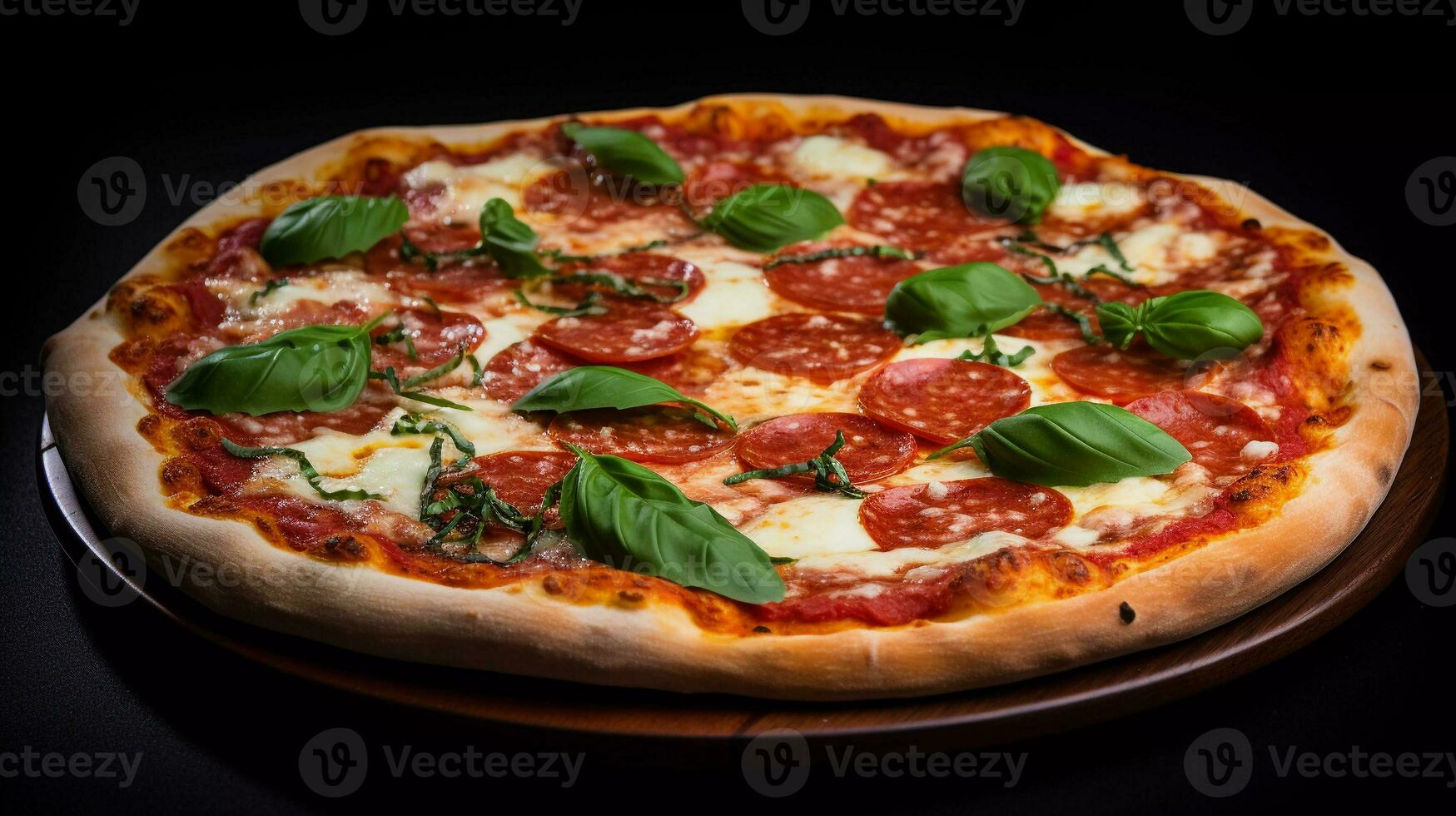 köstlich Peperoni Pizza, zusammengesetzt mit Knoblauch Nelken, Tomate Püree, Basilikum Blätter, Ricotta, getrocknet Oregano, Pesto, rot Soße, mit drei Unterschied Käse wie Belag foto