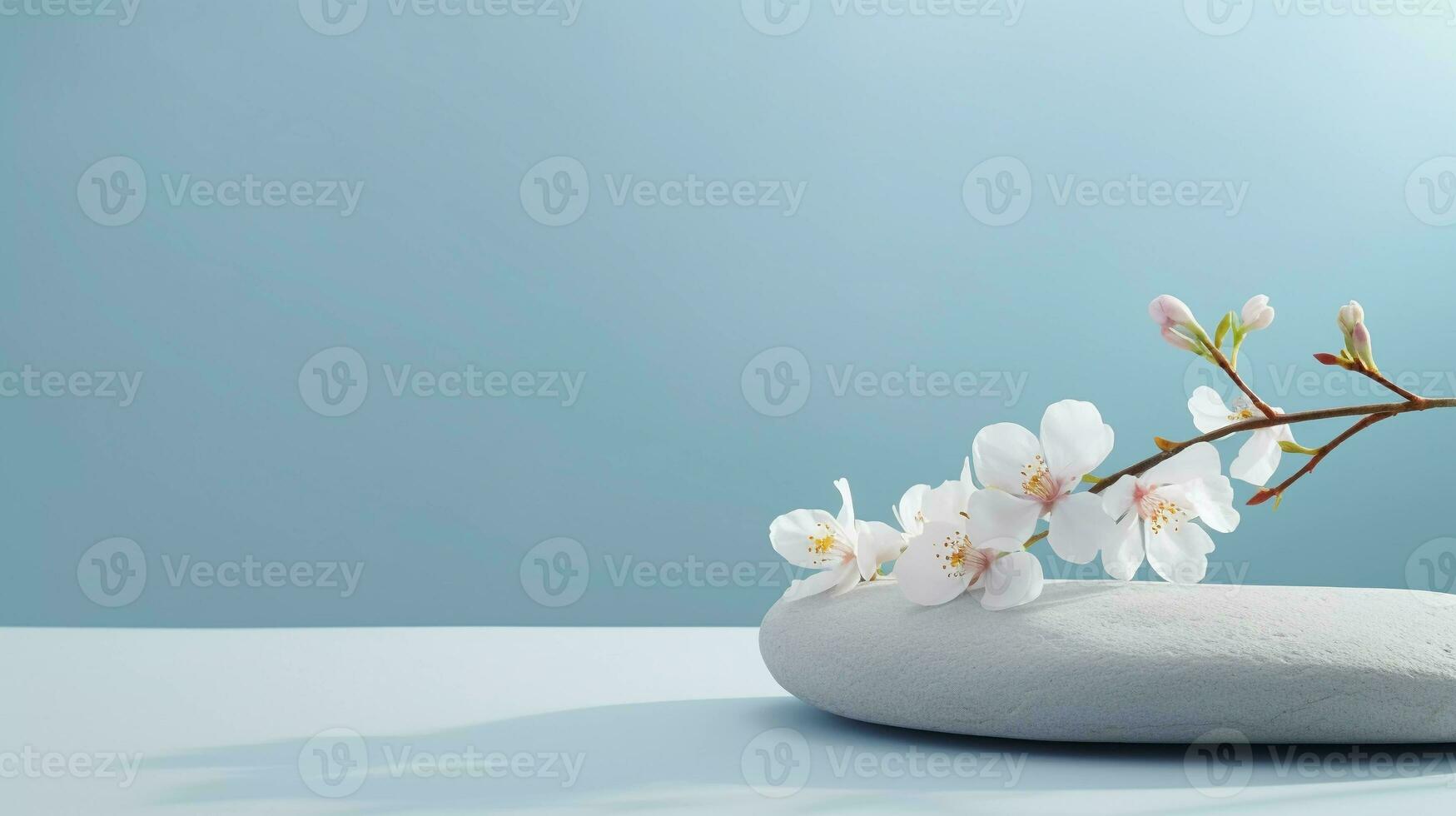 ein minimalistisch Szene von ein Lügen Stein mit Blumen auf ein Licht Blau Hintergrund. Vitrine zum das Präsentation von natürlich Produkte und Kosmetika. foto
