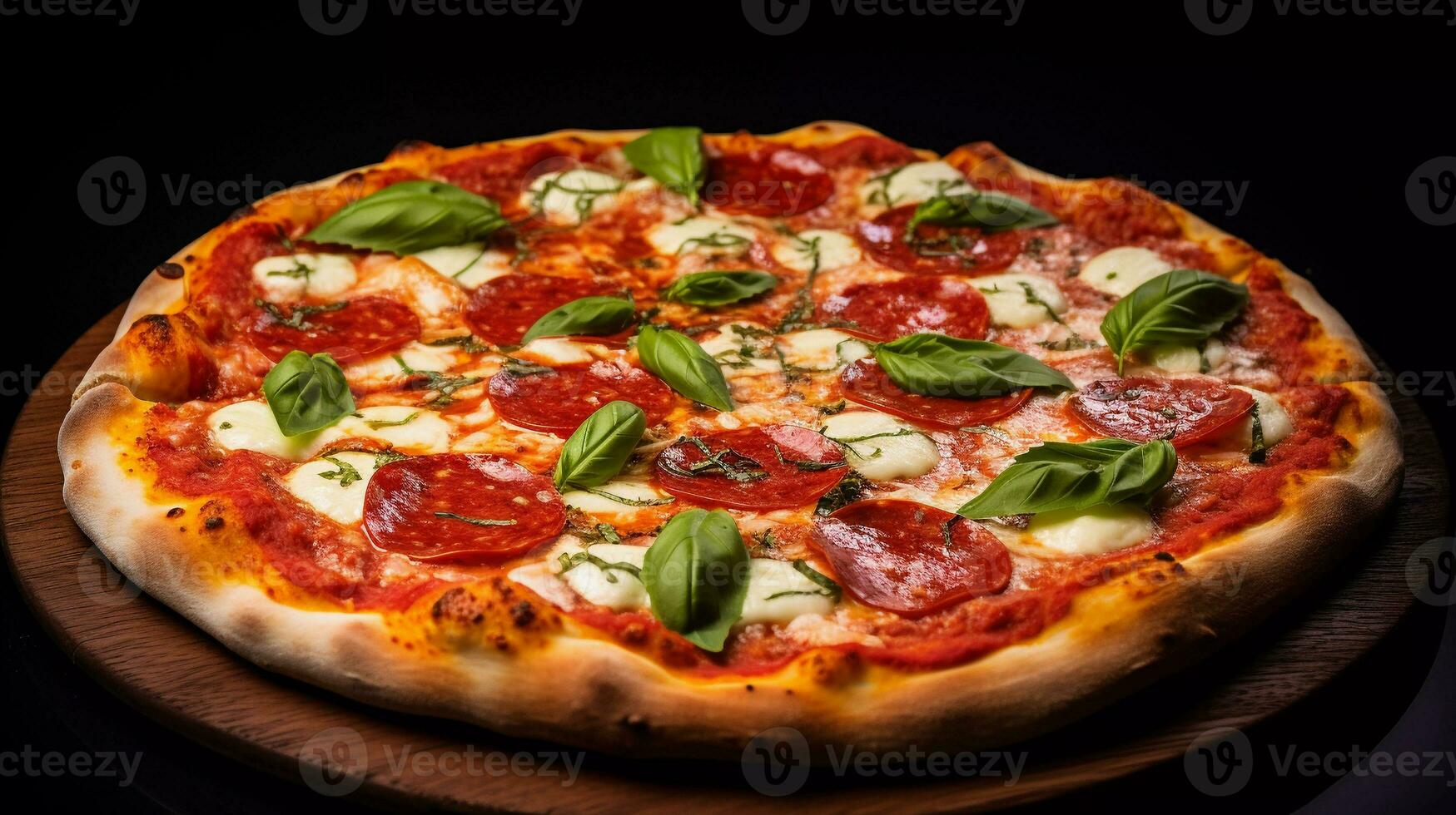 köstlich Peperoni Pizza, zusammengesetzt mit Knoblauch Nelken, Tomate Püree, Basilikum Blätter, Ricotta, getrocknet Oregano, Pesto, rot Soße, mit drei Unterschied Käse wie Belag foto