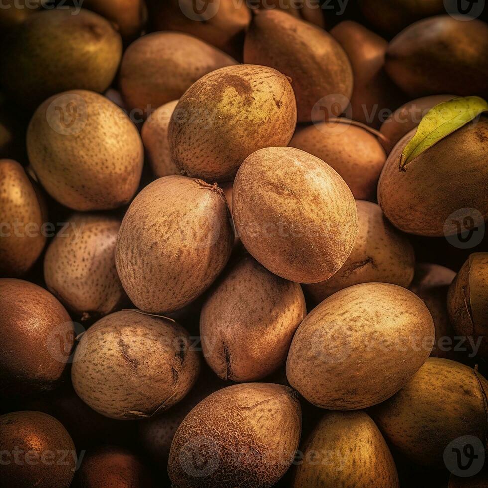 realistisch Foto von ein Bündel von Sapodillas. oben Aussicht Obst Landschaft. ai generiert