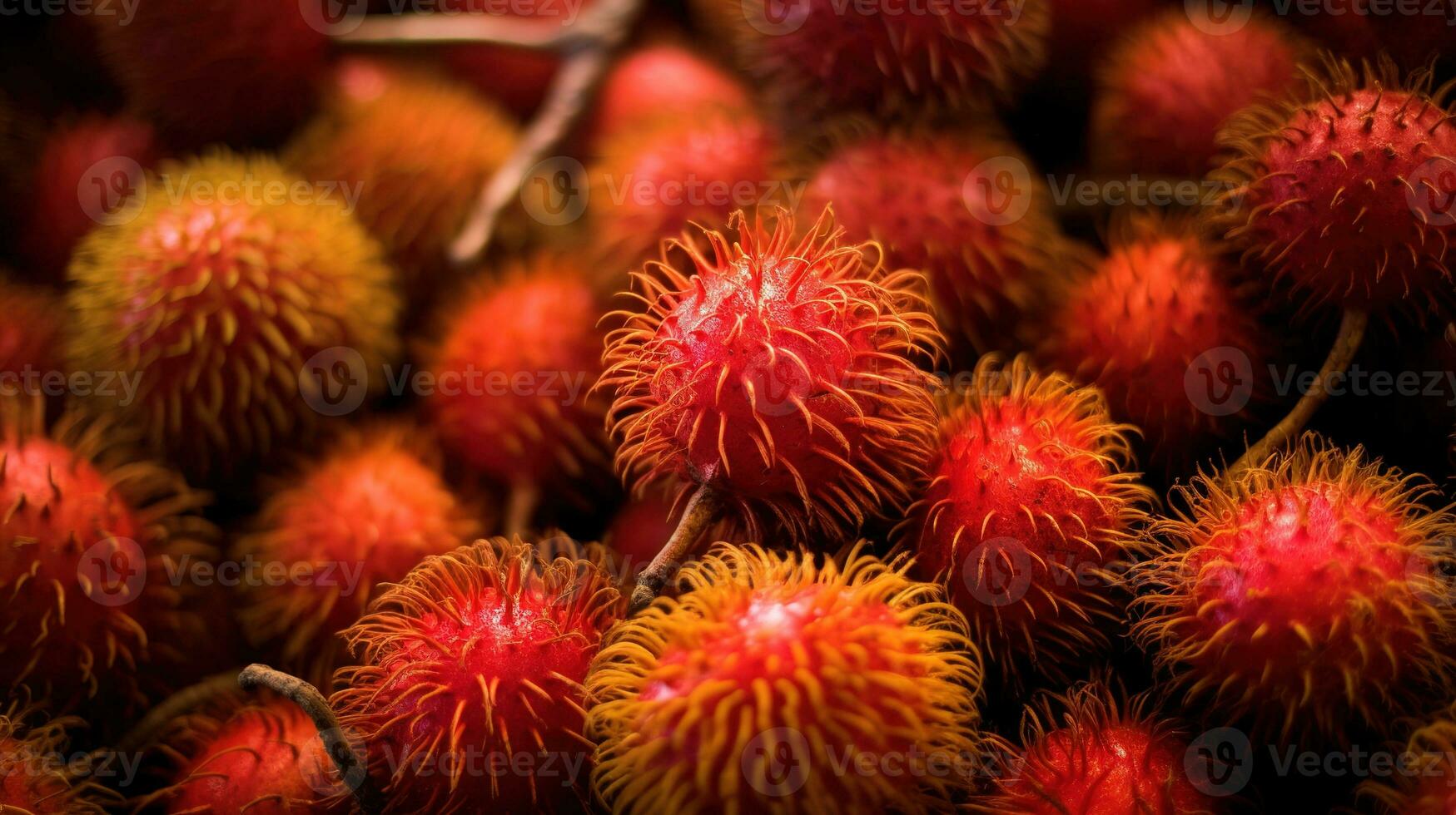 realistisch Foto von ein Bündel von Rambutans. oben Aussicht Obst Landschaft. ai generiert