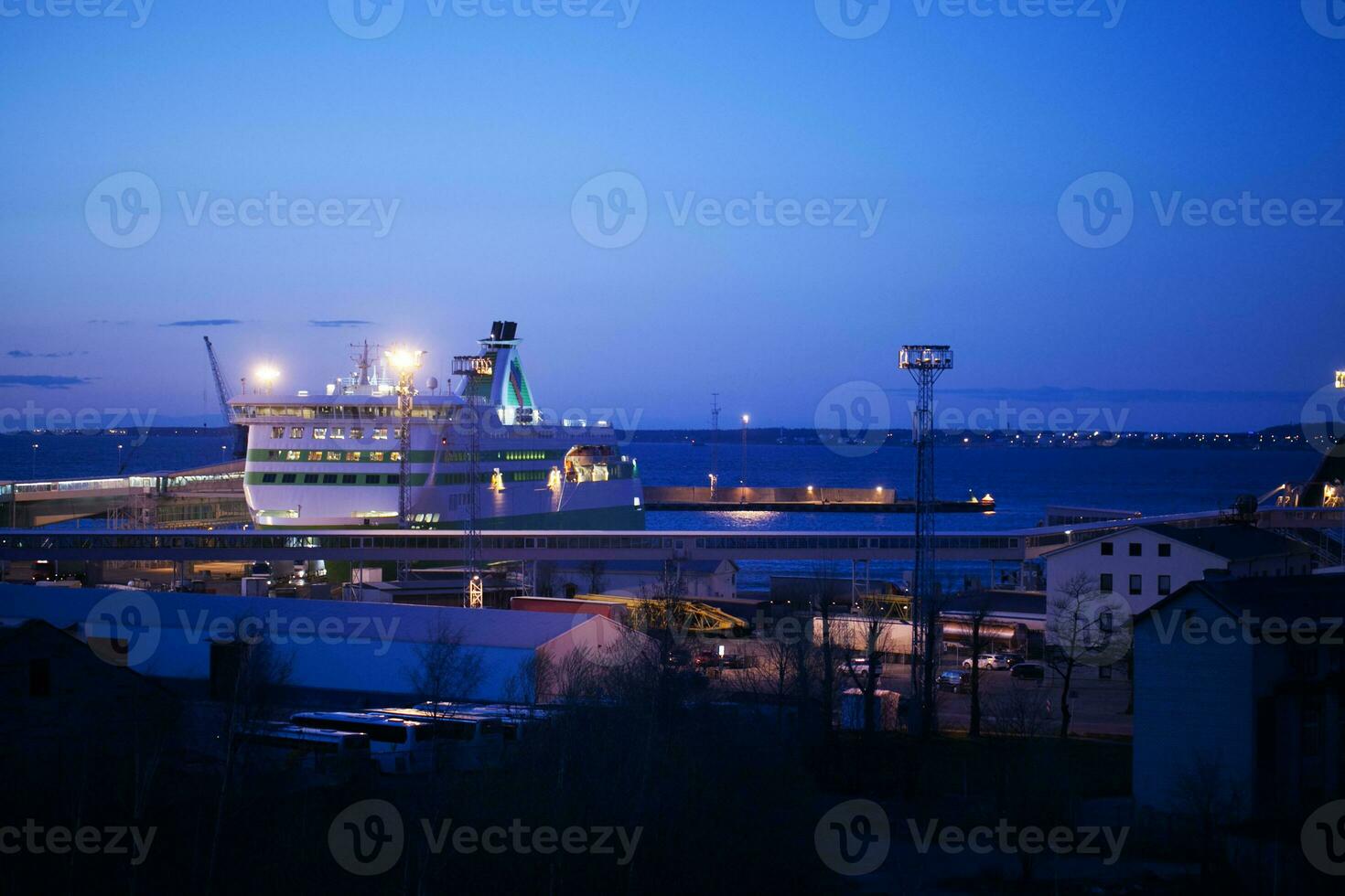 Nacht Aussicht von ein angedockt Kreuzfahrt Liner foto