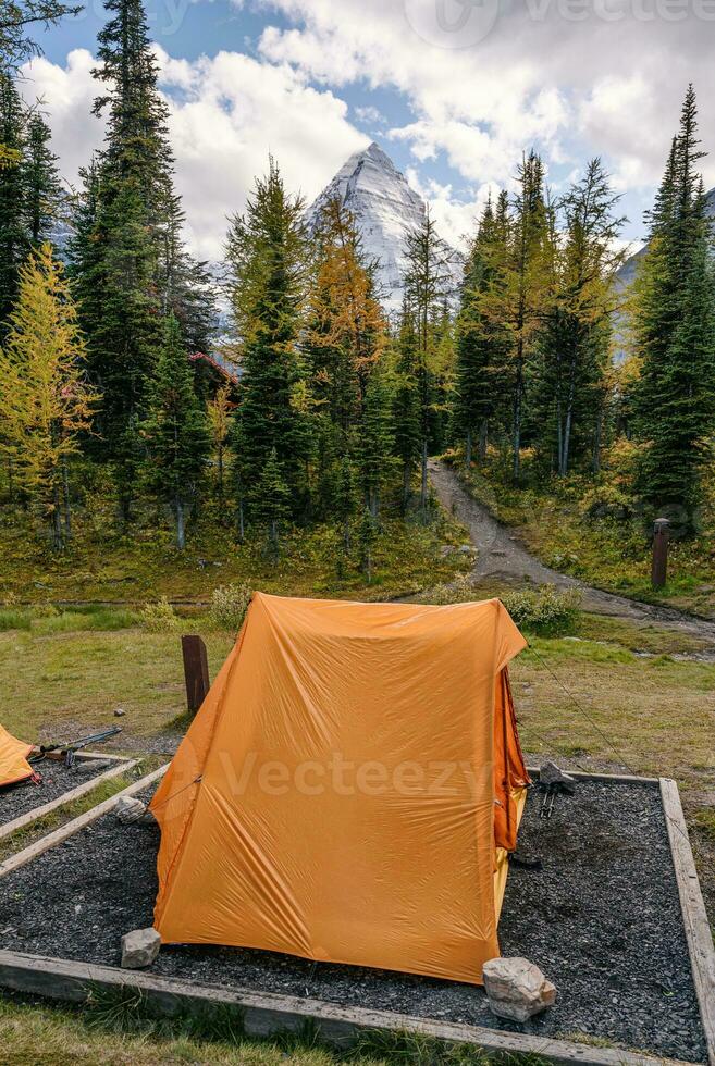 Orange Zelt Camping auf Campingplatz mit montieren assiniboine im Provinz Park foto