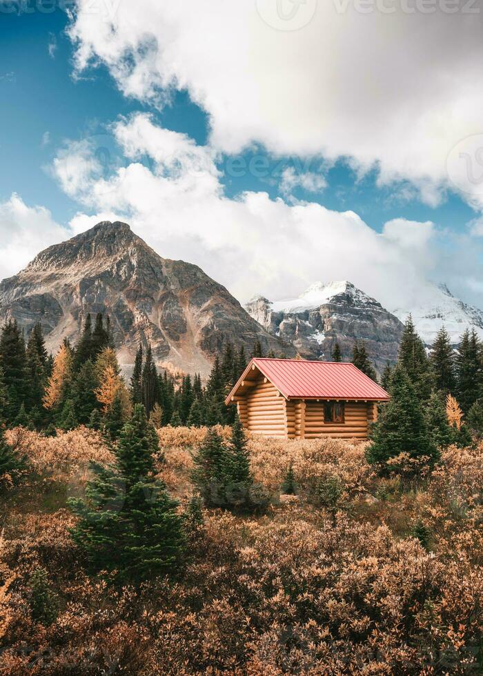 hölzern Hütte mit felsig Berg im Herbst Wald beim assiniboine National Park foto