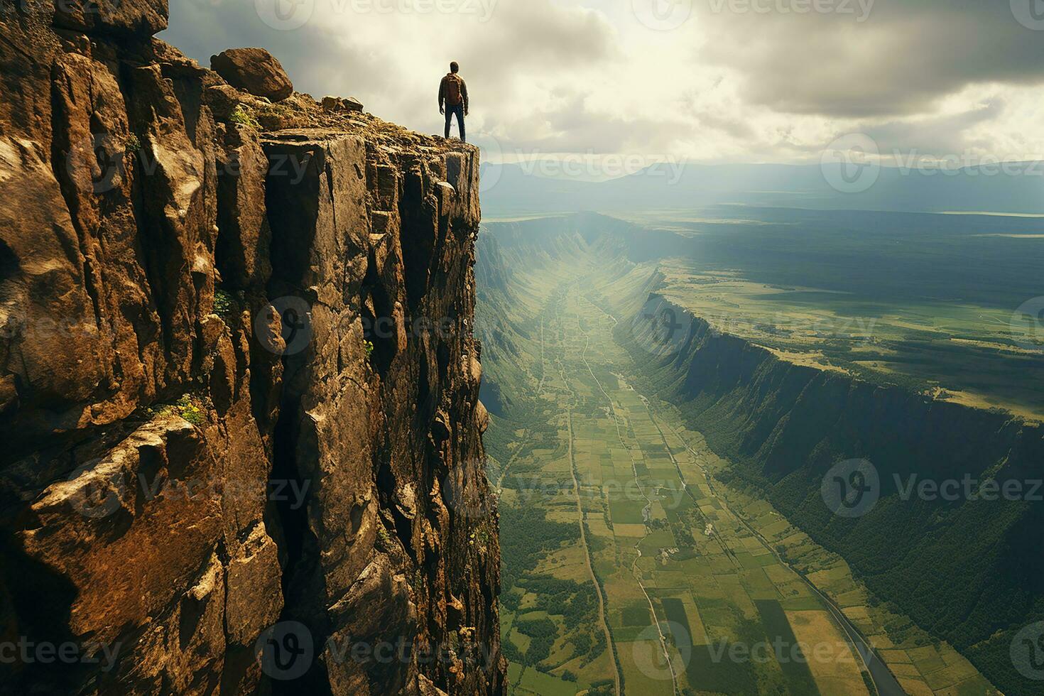 Silhouette von ein Mann Stehen auf oben von ein Cliff beim hell Tag ai generativ foto