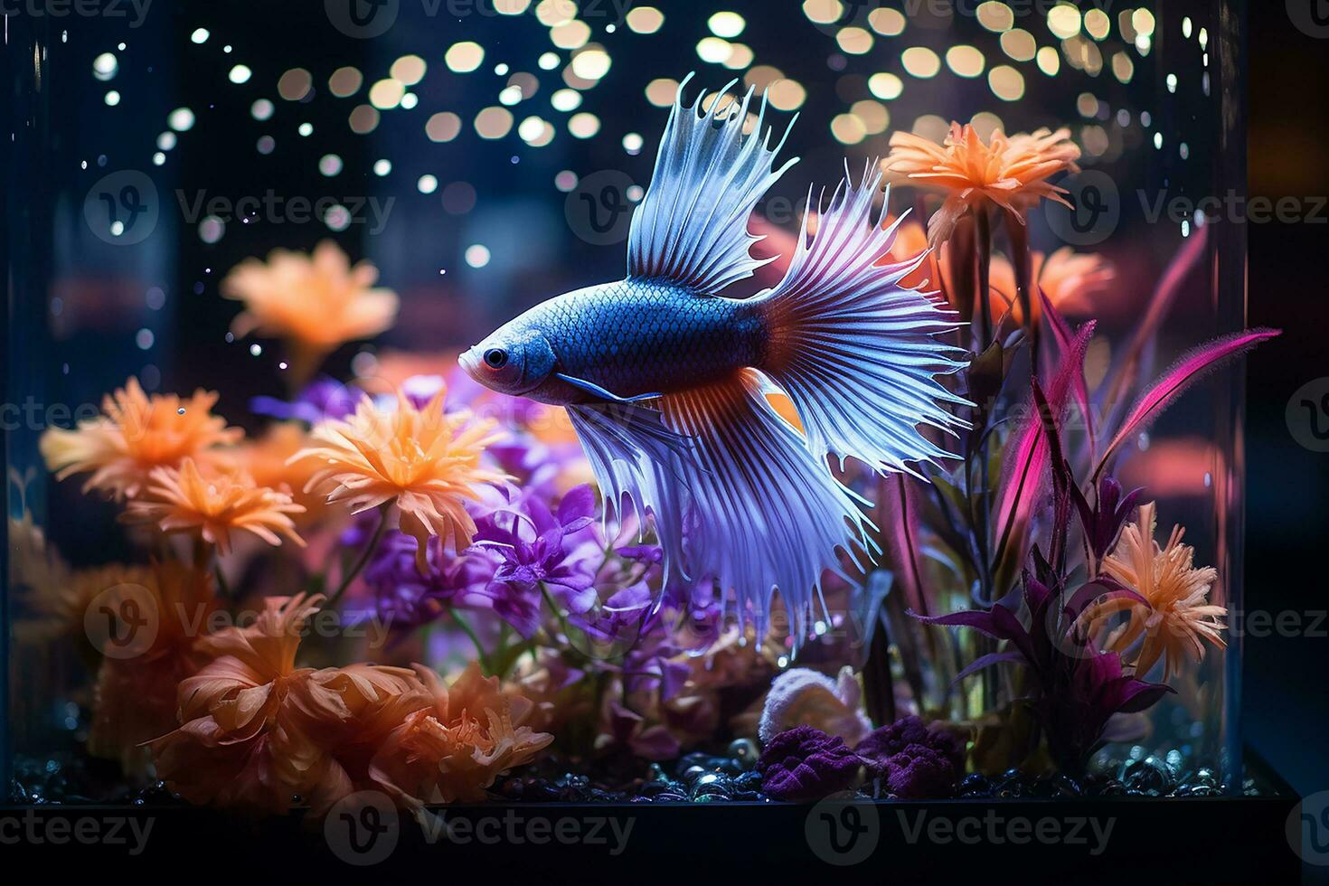 generativ ai Bild von dekorativ Fisch und schön Blumen- Blumen auf Aquarium mit Neon- Beleuchtung foto