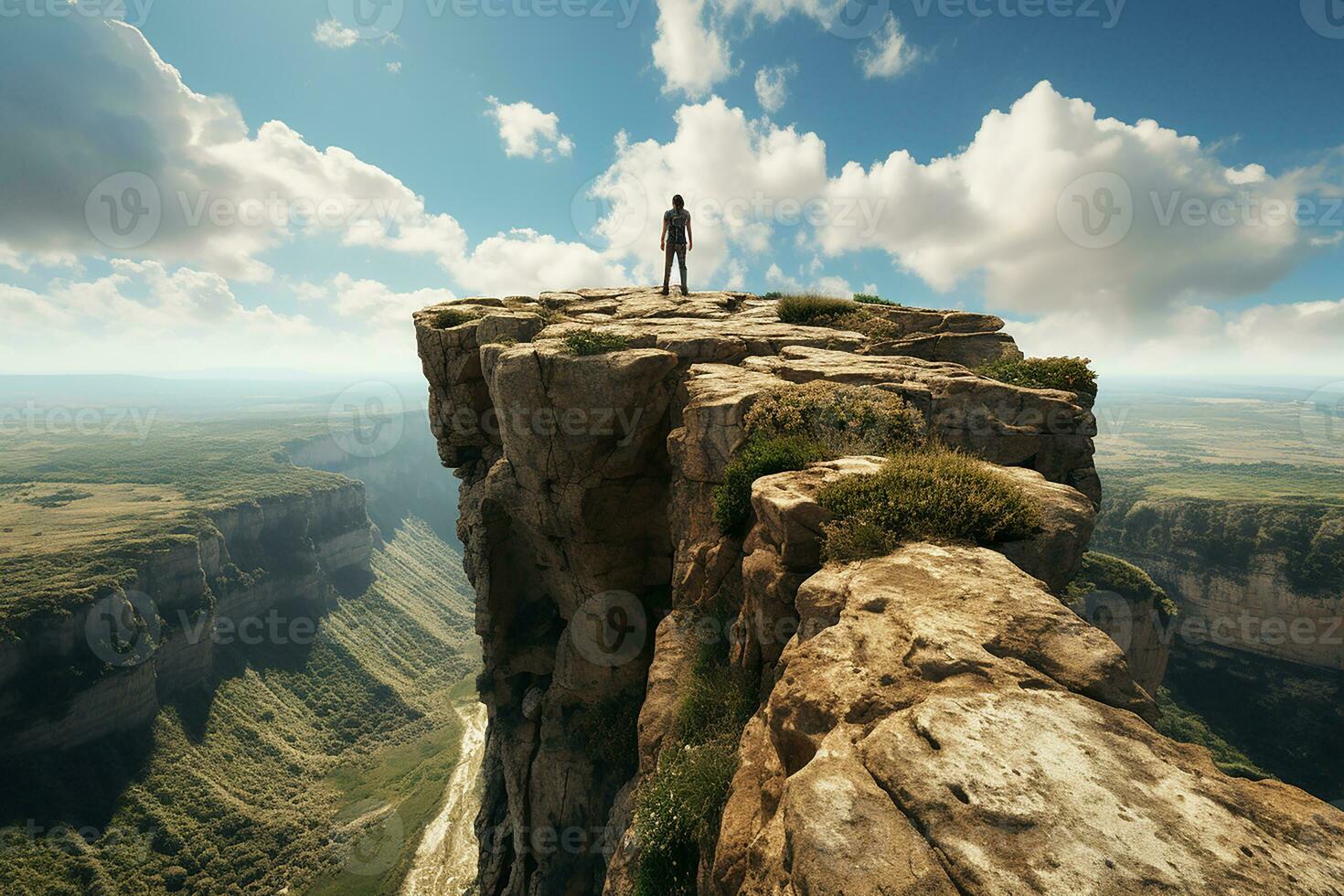 Silhouette von ein Mann Stehen auf oben von ein Cliff beim hell Tag ai generativ foto