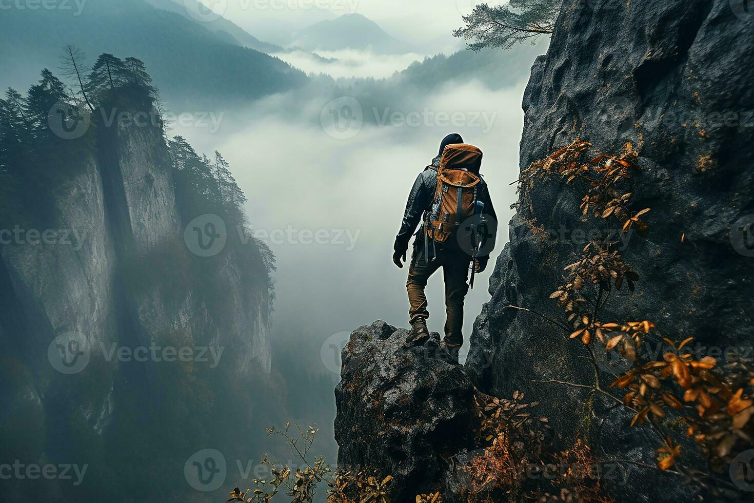 zurück Aussicht von ein Mann Klettern ein extrem Cliff im nebelig kalt Wetter ai generativ foto