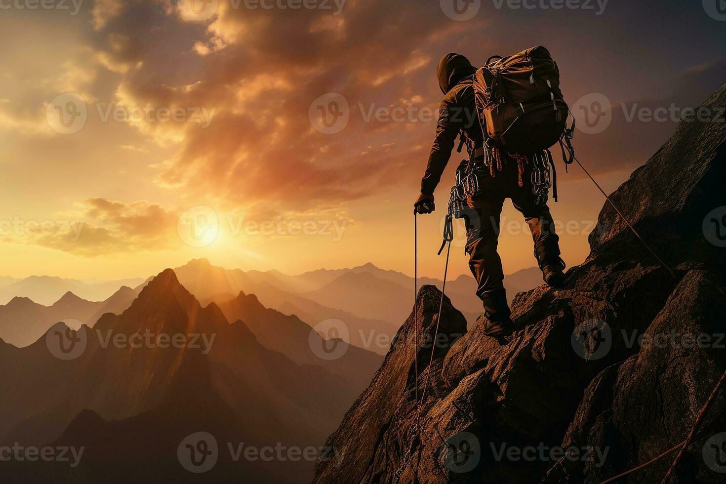 Mann Klettern auf ein felsig Cliff mit Seil und Sicherheit Ausrüstung beim Sonnenaufgang ai generativ foto