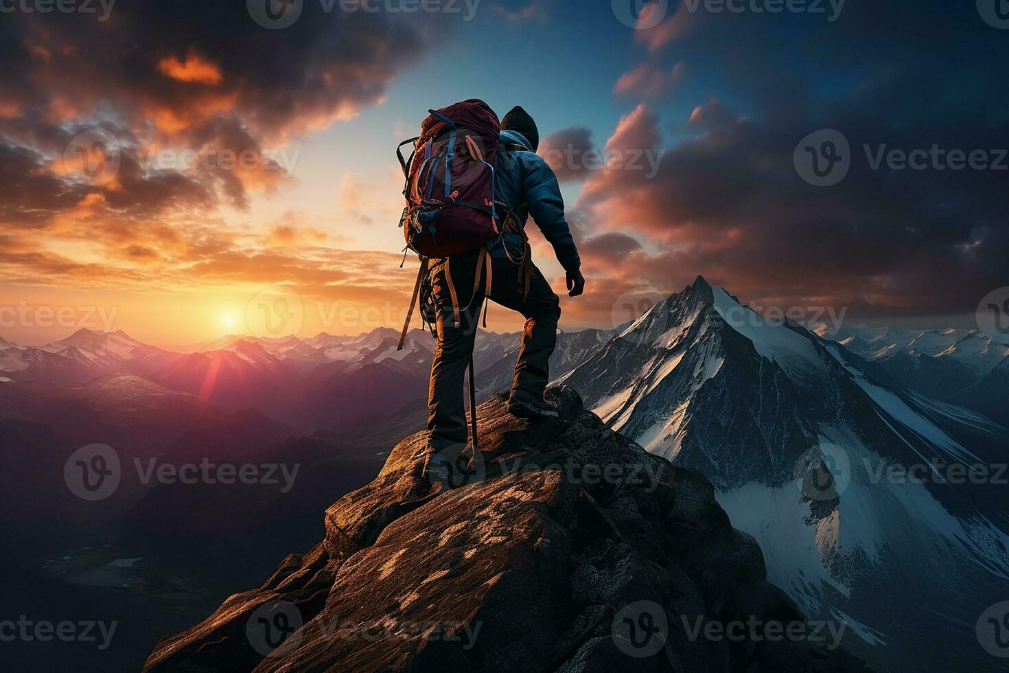 Bergsteiger Gehen auf das oben von ein Hügel mit Eisberg Landschaft beim Sonnenaufgang ai generativ foto