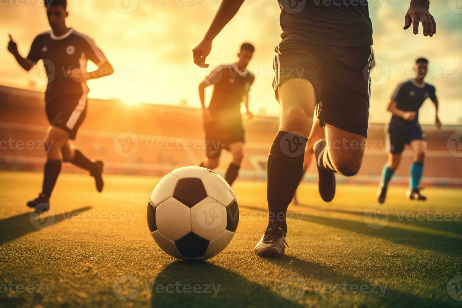 schließen oben von viele Fußball Spieler treten ein Fußball auf ein Feld, Wettbewerb Szene.erstellt mit generativ ai Technologie foto