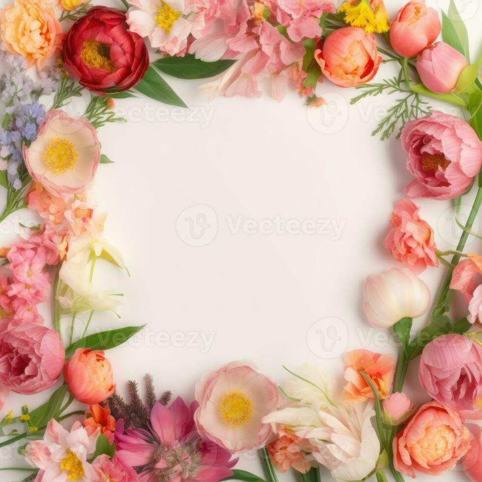 Foto Rahmen von Blumen. Hochzeit Konzept mit Blumen. zum das Design von Gruß Karten oder Einladungen.