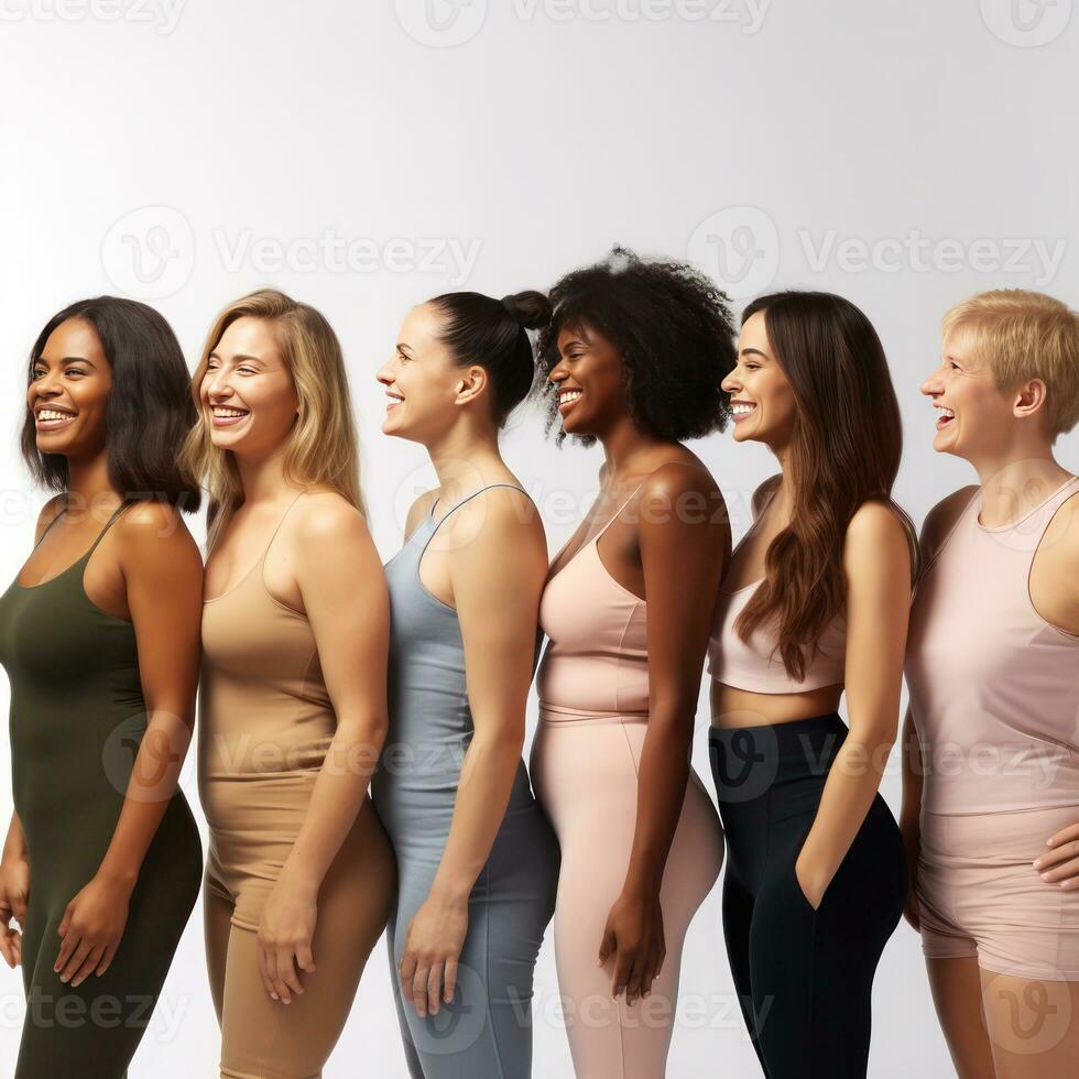 Frauen von anders Alter zusammen im das Studio auf ein grau Hintergrund. multiethnisch Gruppe von vielfältig Frauen haben ein gut Zeit. foto