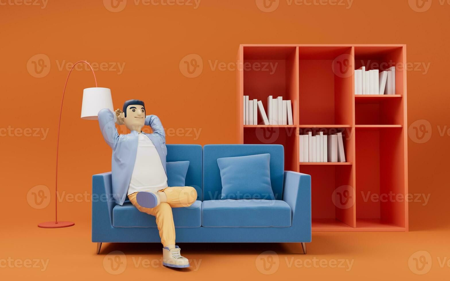 ein Karikatur Mann entspannen im das Sofa, 3d Wiedergabe. foto