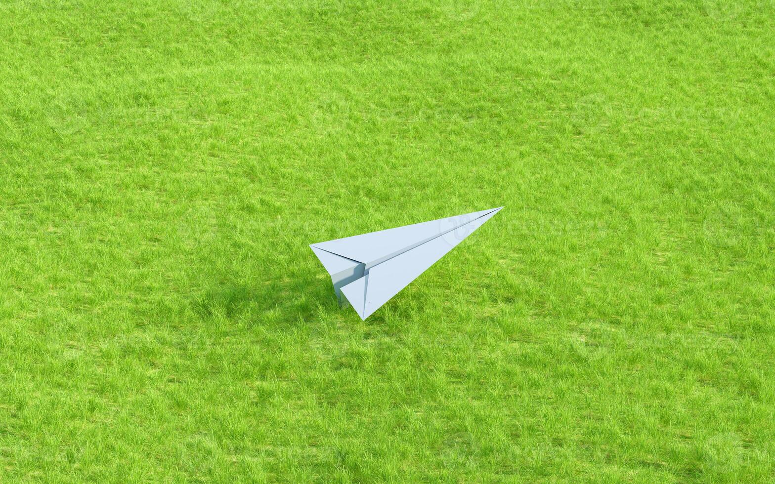 Papier Flugzeug fliegend auf das Wiese, 3d Wiedergabe. foto